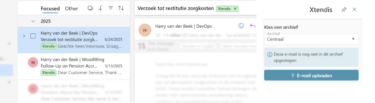 Outlook view with Xtendis as an active component for EIM.